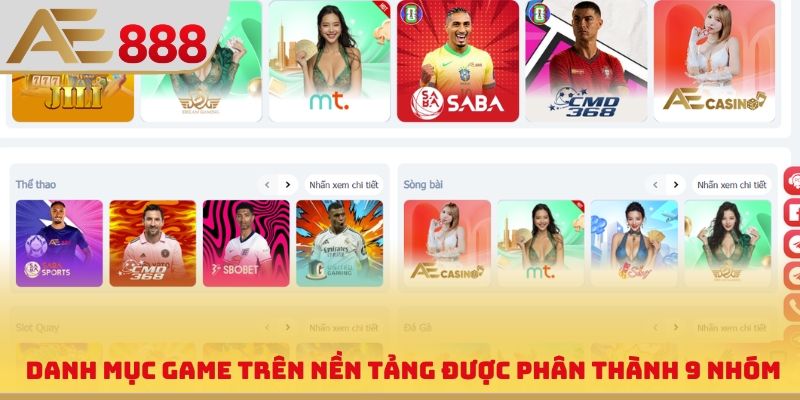 Danh mục game trên nền tảng được phân thành 9 nhóm