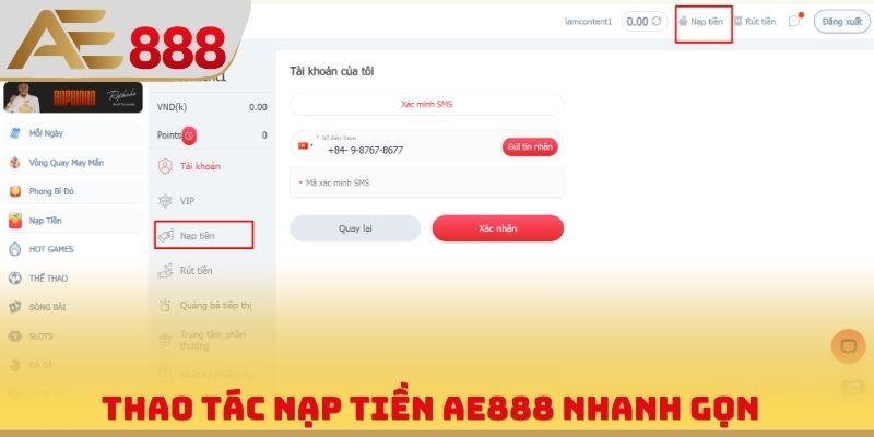 Thao tác nạp tiền AE888 nhanh gọn